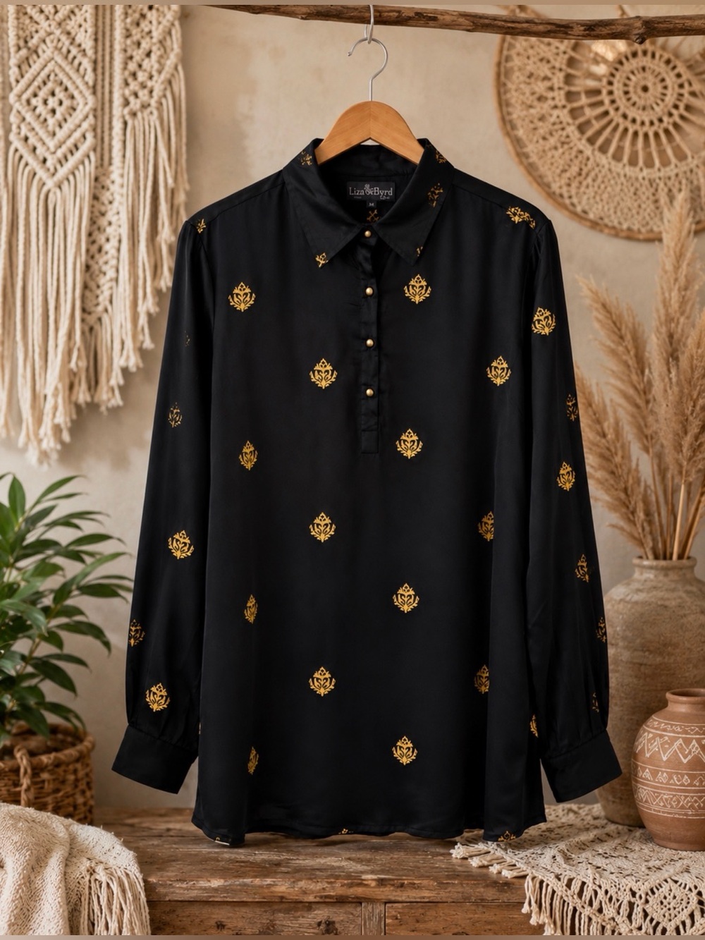 Liza Byrd Black Long-Sleeve Shirt with Gold Embroidered Motifs size large